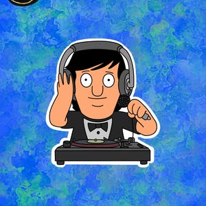 May include: A sticker featuring a cartoon DJ wearing headphones and a tuxedo, holding a microphone and adjusting the headphones. The DJ is positioned behind a turntable. The background is a blue and green watercolor design. The sticker has the text "Serene Sparrow Designs".