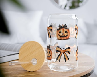Pumpkins and Bows Halloween Sipper Glass Tumbler, Cute Tumbler, 16oz Cup, Halloween Glassware, Gift for Her, Party Favor