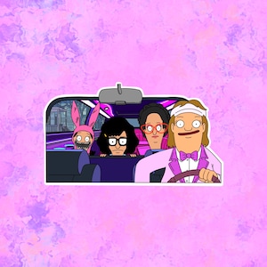 May include: A sticker featuring four cartoon characters in a car. The characters are a pink bunny, a woman with black hair and glasses, a woman with brown hair and glasses, and a man with blonde hair and a mustache. The car is a black limousine with a pink interior.