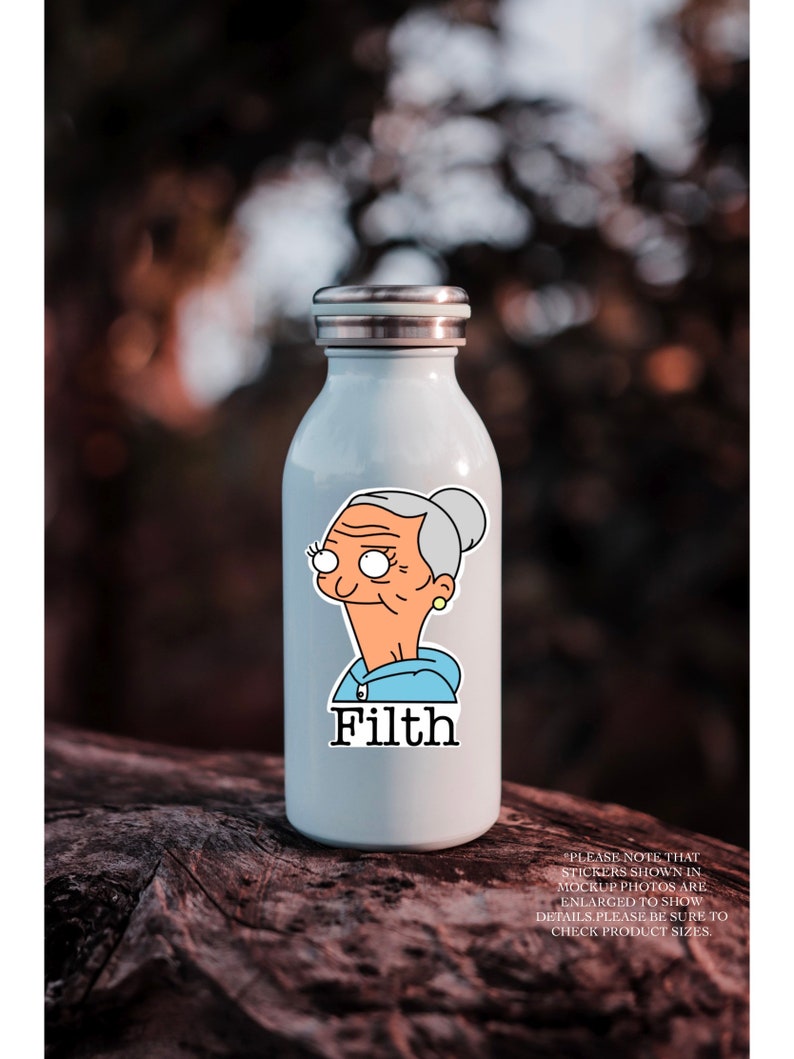 May include: White stainless steel water bottle with a sticker of a cartoon character with grey hair and a blue shirt. The sticker says "Filth".