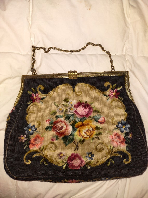 Vintage 30s needlepoint floral purse 12"x12"