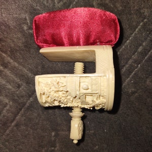 Victorian era carved bone clamp on pin cushion