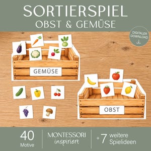 May include: A digital download sorting game featuring two wooden crates labelled GEMÜSE and OBST, accompanied by square cards depicting various fruits and vegetables including an aubergine, carrot, radish, cauliflower, banana, apple, strawberry, lemon, grapes, and mushroom.