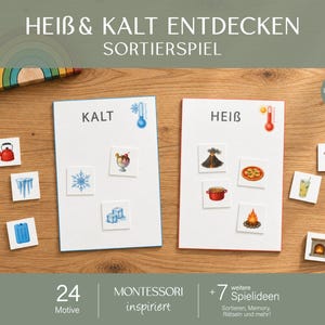 以下が含まれることがあります： HEIB & KALT ENTDECKEN SORTIERSPIELというタイトルの仕分けゲーム。青い温度計のKALTと赤い温度計のHEIBと書かれた2枚の白いボードが含まれています。暑さと寒さをテーマにしたイラストが描かれた24枚の正方形のタイルが含まれています。