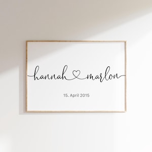 Può includere: Una stampa incorniciata con i nomi "hannah" e "marlon" scritti in corsivo con un simbolo di cuore tra loro. La data "15. aprile 2015" è scritta sotto i nomi.