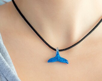 Small resin whale pendant with leather cord for men, Dolphin tail pendant unique handmade resin solid, Ocean gift and jewelry for him