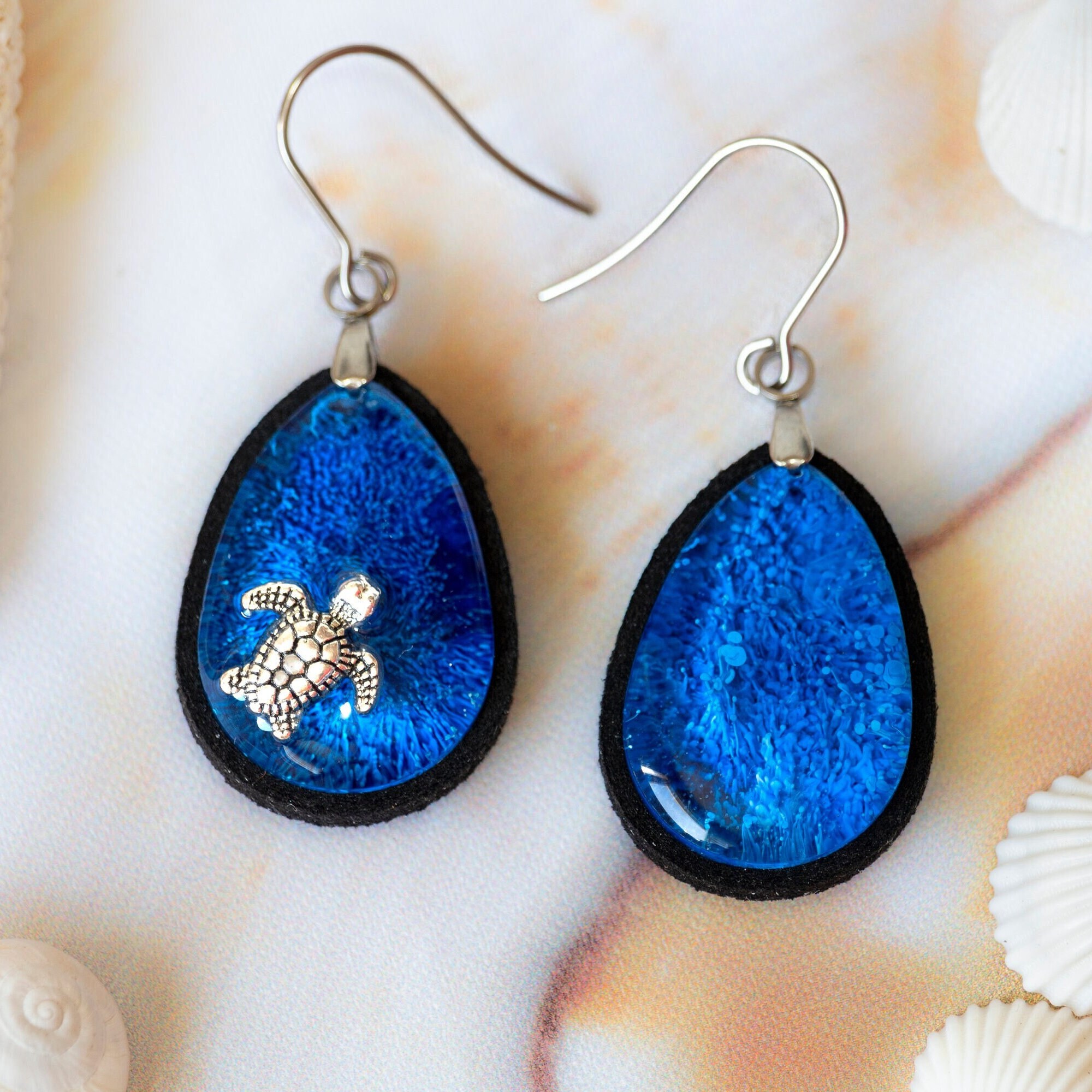 Animal Dangle Earrings With Turtle Charm, Teardrop Resin Ocean