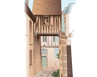 May include: A narrow, cobblestone street in a European town with a brown, half-timbered house built over the street. The house has a small window with a cat looking out. The text "LA MAISON SUSPENDUE - LE MANS" is at the bottom of the image.
