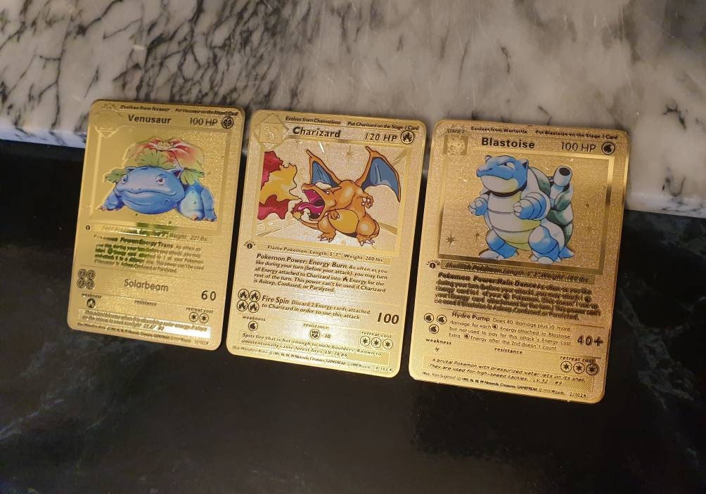 Metal Pokemon Cards Charizard Base Set Blastoise Venusaur Gold Shadowless 1st ed 