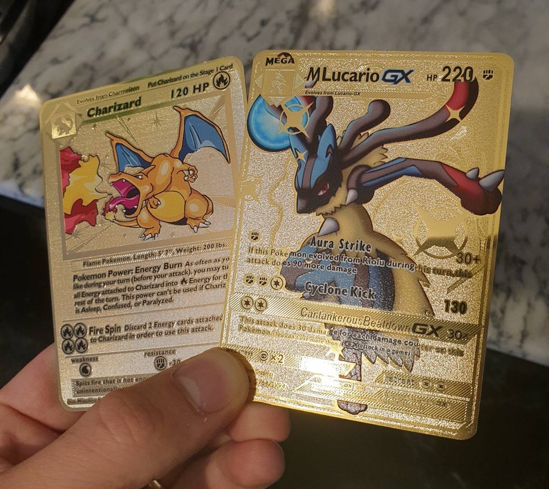 2x Gold Mega Lucario GX & Base Set Charizard EX Pokemon Cards | Etsy