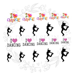 May include: A set of 10 iron-on decals featuring a dance theme. Each decal shows a silhouette of a dancer with the text "I love dancing" and a pink heart. These decals are ideal for adding a personal touch to clothing, bags, and other items.