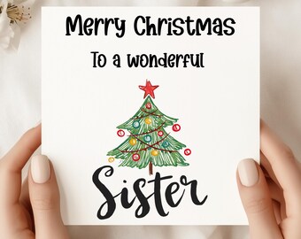Biglietto di Natale personalizzato per sorella: albero disegnato a mano, allegria natalizia