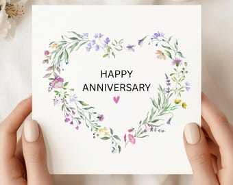 Watercolor Floral Heart Anniversary Card - Romantic Wedding Card