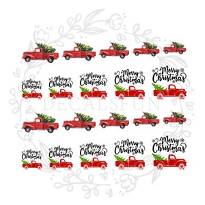 May include: A set of 15 red truck Christmas decals featuring a red truck with a Christmas tree on the back. The trucks are in various sizes and have the words "Merry Christmas" written on them.