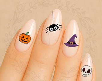 Halloween Nail Art Decals – Cute Pumpkin, Spider, Witch Hat & Skull Water Slides – Spooky Kawaii Halloween Nails