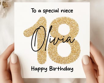 Tarjeta personalizada para el 18.º cumpleaños: Tarjeta para sobrina con purpurina dorada
