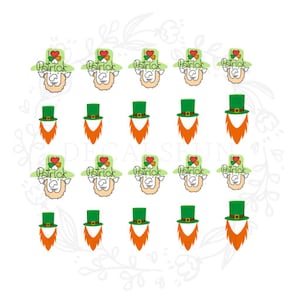 May include: Twenty-four green and white leprechaun nail decals with the text "I love Patrick" and a shamrock.