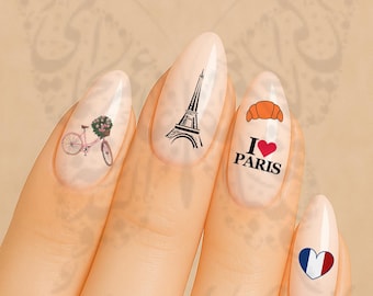 Paris Nail Water Decals, Eiffel Tower French Flag Croissant Nail Art