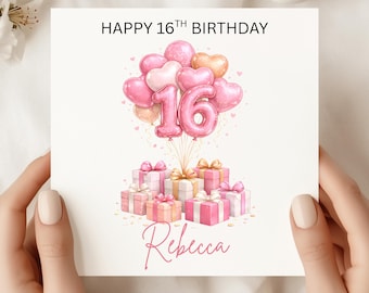 Personalized 16th Birthday Card: Pink Balloon Numbers, Custom Name