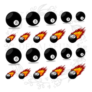 May include: A set of 14 black and white 8-ball pool ball decals. Some of the decals are on fire. The decals are perfect for adding a touch of fun to your home decor.