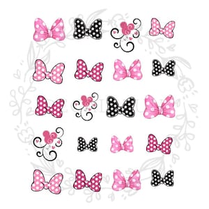 May include: A set of 16 pink and black polka dot bow stickers. The bows are in various sizes and styles, including some with hearts and swirls.