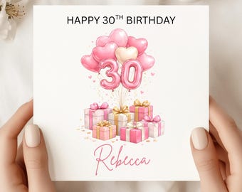 Personalized 30th Birthday Card: Pink Balloon Numbers, Custom Name