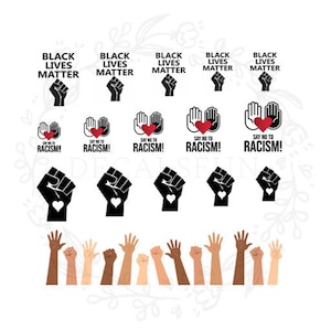 Può includere: Grafica Black Lives Matter con un pugno alzato e un cuore. La grafica include anche il testo "Dì No al Razzismo!" e una fila di mani alzate di diversi toni della pelle.
