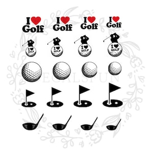 May include: A collection of golf-themed graphics. Includes the text "I Love Golf" with a red heart, golf balls, a golfer silhouette, flags, and golf clubs. All elements are in black and white.
