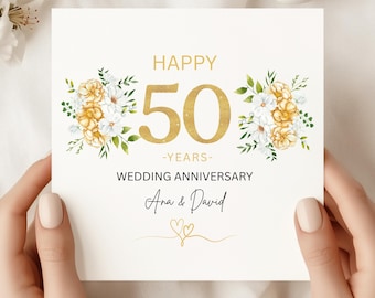 Biglietto d'auguri per il 50° anniversario, floreale dorato, stampa personalizzata