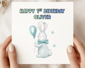 Personalized Bunny 1st Birthday Card | Baby Boy Rabbit Card