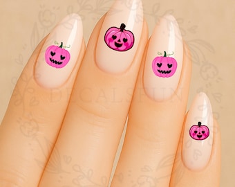 Pink Pumpkin Nail Decals – Cute Halloween Nails – Kawaii Pumpkin Nail Art – Pastel Spooky Nails – Water Slide Nail Transfers