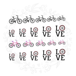 Könnte beinhalten: Ein Satz von fünf digitalen Schnittdateien mit Fahrrädern und dem Wort "LOVE" in Schwarz und Rot. Die Fahrräder sind in verschiedenen Größen und Farben, darunter Pink, Schwarz und Grau.