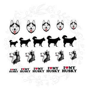 Puede incluir: Conjunto de 10 pegatinas para uñas con ilustraciones de perros husky en blanco y negro. Algunas pegatinas tienen el texto "Me encanta mi husky" con un corazón rojo.