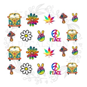 Könnte beinhalten: Ein Set mit 12 bunten Hippie-Stickern mit Friedenssymbolen, Blumen, einem VW-Bus und Pilzen. Die Sticker sind perfekt, um deinen Sachen einen Hauch von Frieden und Liebe zu verleihen.