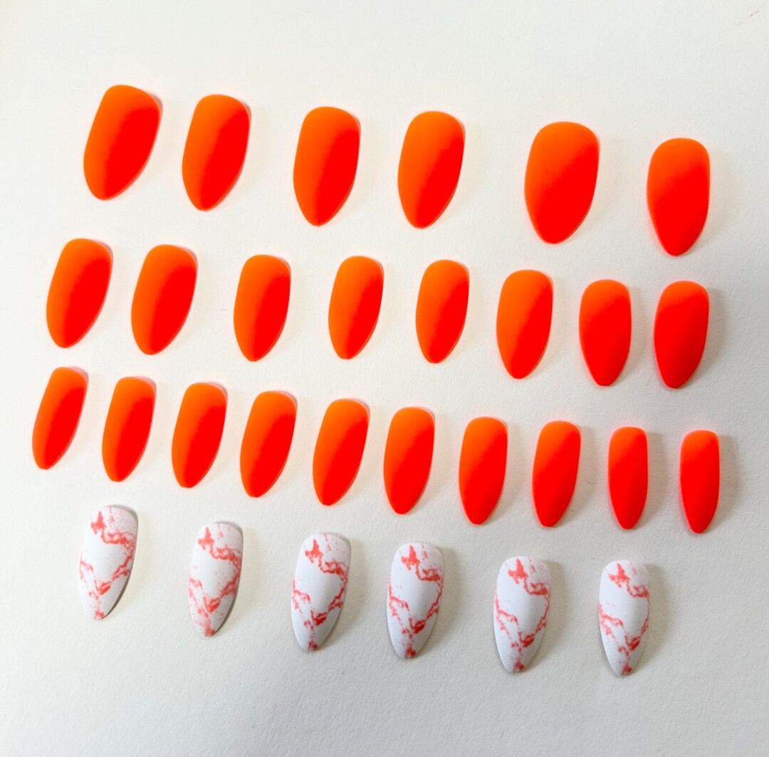 Marble Neon Orange Fake Nails 24 Nails With Glue Etsy