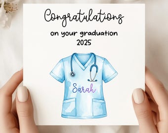 Karta z okazji ukończenia studiów pielęgniarskich – spersonalizowany wzór Blue Scrubs – nowoczesna minimalistyczna karta z gratulacjami