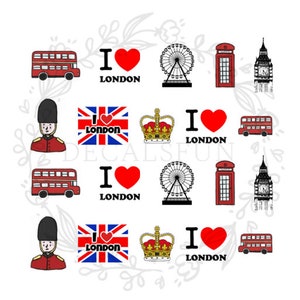 Op de afbeelding: Een set van 10 stickers met Londense thema's, waaronder een rode dubbeldekkerbus, een rode telefooncel, Big Ben, de Union Jack-vlag, een kroon, een reuzenrad en de tekst "Ik hou van Londen" met een rood hart.