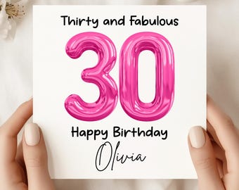 Personalized 30th Birthday Card: Pink Balloon Numbers, Custom Name