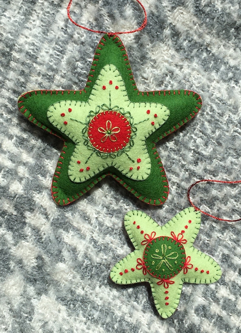 Folk Art Star Ornament Set of 2 Rustic Christmas Felt