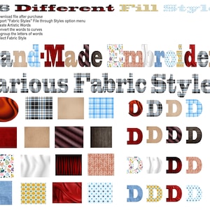 May include: A graphic showing 16 different fabric styles for embroidery. The styles include plaid, satin, knit, floral, and denim. The text "Hand-Made Embroidery" and "Various Fabric Styles" is also included in the image.
