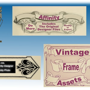 Könnte beinhalten: Digitale Design-Assets mit dem Wort "Affinity" in Lila auf einem Banner, zusammen mit Text, der "Do More" und "Modify or Export" lautet. Enthält auch ein "Vintage Frame Assets"-Design und eine Grafik, die mit Affinity Designer und Photo kompatibel ist.