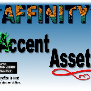 以下が含まれることがあります： 「*AFFINITY* Accent Assets」という黒と白のグラフィックデザインで、