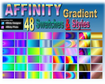 May include: 48 colourful gradient swatches and styles compatible with Affinity Designer and Affinity Photo software. The gradients range from bright neon colours to soft pastels and metallics.