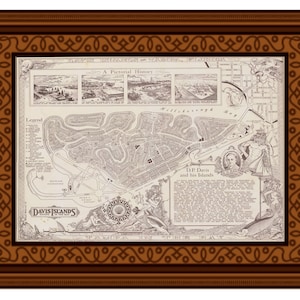 May include: A vintage black and white map of Davis Islands, Tampa, Florida. The map shows the layout of the islands with streets, parks, and buildings. The map is framed in a brown wooden frame with a decorative border.