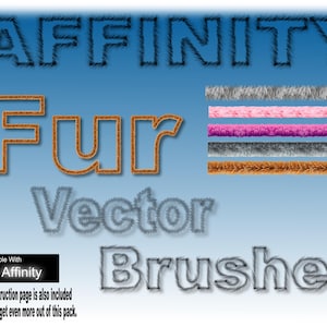 Pode incluir: Gráfico de arte digital com as palavras "AFFINITY Fur Vector Brushes" em um fundo gradiente azul. A palavra "Fur" é laranja e a palavra "Brushes" está em uma fonte texturizada. A imagem inclui uma variedade de texturas de pele.