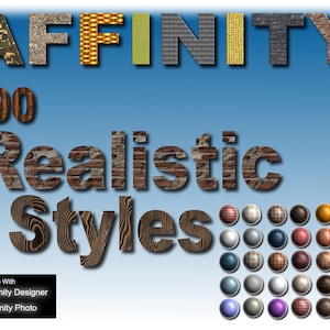 May include: A digital product listing for 190 realistic styles compatible with Affinity Designer and Affinity Photo. The image features a variety of textures, including wood, brick, and fabric, arranged in a grid pattern. The text "AFFINITY" is displayed in large letters at the top of the image, with each letter made up of a different texture.
