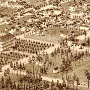 May include: An antique map of a town with a grid of streets and buildings. The map is drawn in black and white and shows the names of streets and buildings. The map is titled "Grove" and "Michigan Ave."