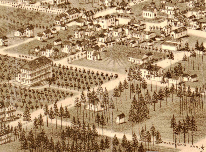 May include: An antique map of a town with a grid of streets and buildings. The map is drawn in black and white and shows the names of streets and buildings. The map is titled "Grove" and "Michigan Ave."