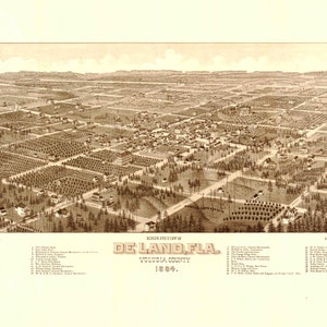 May include: An antique bird's-eye view map of De Land, Florida, Volusia County, dated 1884. The map shows a detailed aerial view of the town with streets, buildings, and surrounding farmland.