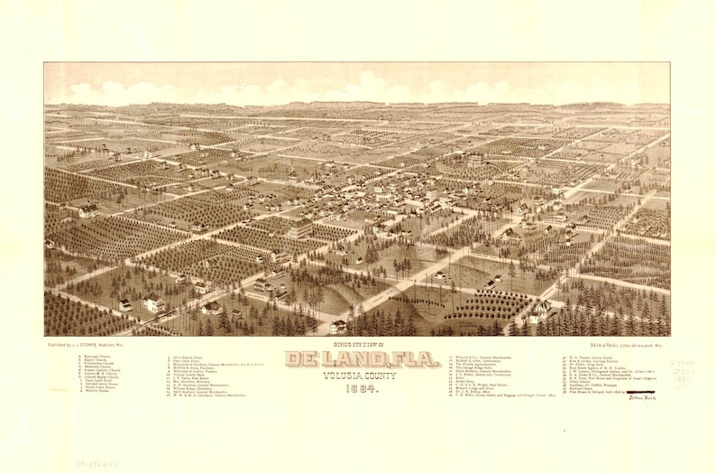 May include: An antique bird's-eye view map of De Land, Florida, Volusia County, dated 1884. The map shows a detailed aerial view of the town with streets, buildings, and surrounding farmland.